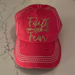 Pink and white baseball cap. Faith over fear logo. Brand new